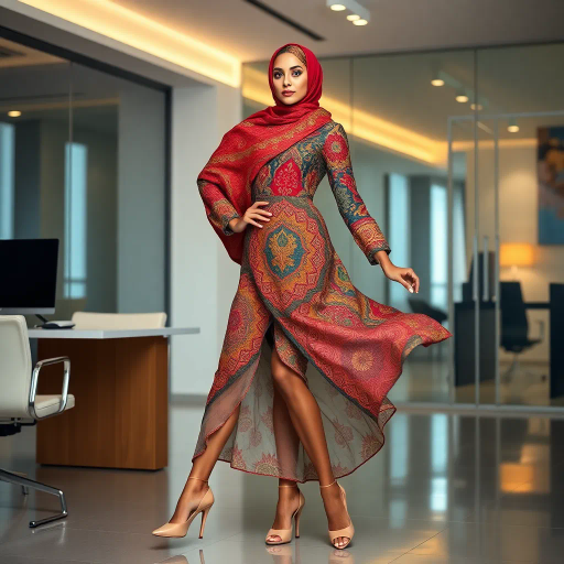 elegant Arab woman, professional attire, modern workplace, high heels, Middle Eastern influence, contemporary art style, intricate patterns, vibrant color palette, soft ambient lighting, cultural expression, dynamic posing, delicate textiles, confidence, empowerment, sophistication, grace, diverse cultural representation, cultural fusion, impressionism influences, human form depiction, balance and harmony, dynamic office environment, elegance, poise, detailed craftwork, modernism, cultural narrative, harmonious composition, vibrant textures