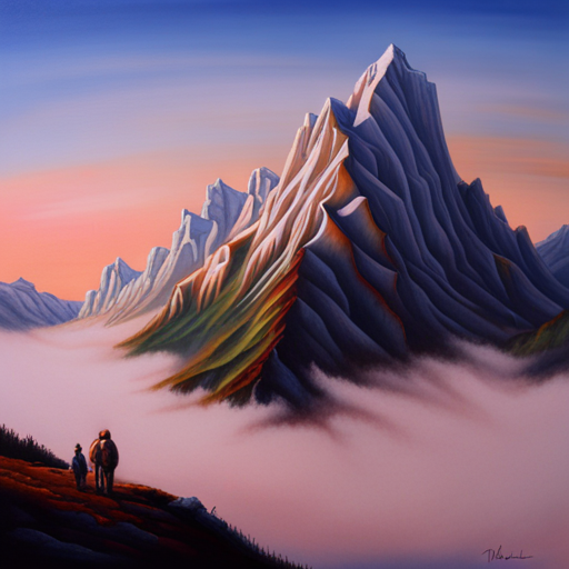 majestic mountains, towering peaks, vibrant sunsets, atmospheric perspective, realistic details, Impressionist style, alpine glow, vibrant colors, dynamic composition, textured brushstrokes, outdoor adventure, rugged terrain, epic scale, natural wonder, breathtaking vistas, grandeur of nature