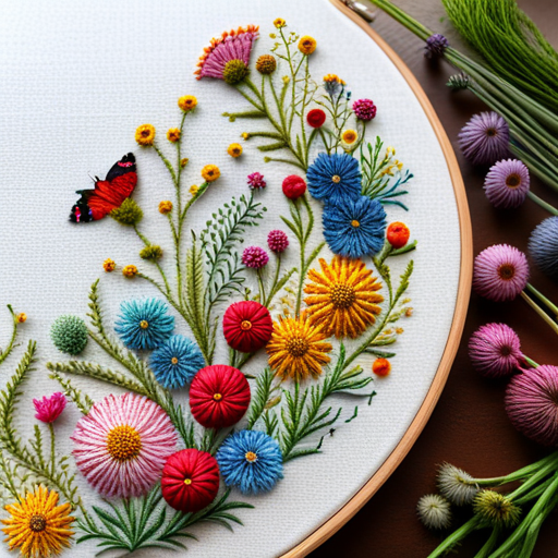 embroidery, pattern, wildflower meadow, delicate stitches, intricate detailing, vibrant colors, nature-inspired, textile art, organic shapes, traditional craft, vintage aesthetic, botanical elements, floral composition, intricate patterns, artistic embellishments, meadow grass, lush foliage, fine craftsmanship