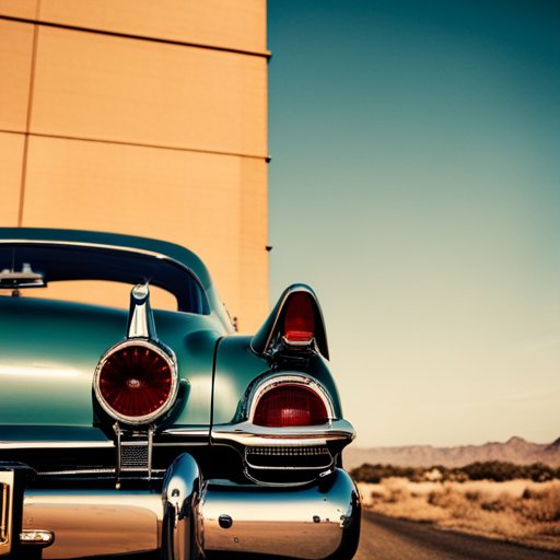 mid-century modern design, black and white photographs, sleek lines, chrome accents, tailfins, leather interiors, Route 66, gas guzzlers, drive-in theaters