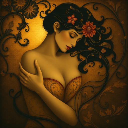 romantic sensuality, chiaroscuro lighting, vivid hues, flowing lines, emotional depth, intimate setting, Gustav Klimt influences, rich textures, human form, warm ambiance, baroque compositions, provocative aesthetic, seductive elegance, delicate forms, renaissance echoes, passionate expression, lush brushstrokes, dynamic movement, dreamlike atmosphere, contemporary flair, evocative symbolism, narrative quality, intimate portraiture, sensuous allure, timeless romance, intricate ornamentation, visual poetry, dramatic shadows