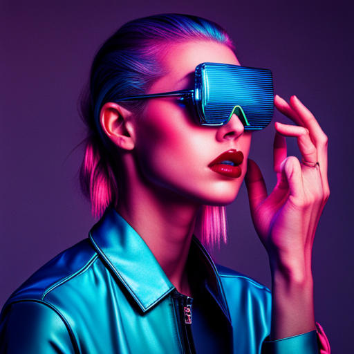 glitchy, cyberpunk, futuristic, augmented reality, metallic accents, Burning Man, post-apocalyptic, rave culture, biomechanical, High-tech eyewear, Fire-inspired fashion, Radial symmetry, UV protection, Multidimensional shapes, distortion, fusion, electric