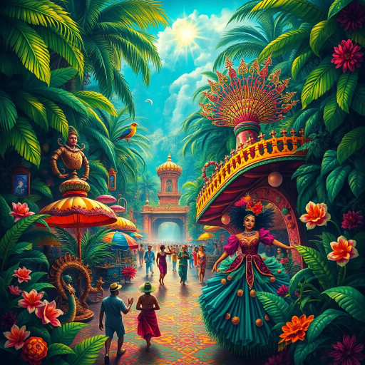 vibrant carnival, amazon jungle, lush greenery, rich cultural tapestry, Carmen Miranda, surrealism, tropical hues, dynamic movement, rhythmic energy, expressive colors, intricate patterns, lively street scenes, samba dancers, exotic wildlife, atmospheric perspective, detailed textures, magical realism, cultural diversity, spirited festivities, radiant sunlight, complex compositions, whimsical elements, bold palettes, mystical atmosphere, fantastical landscapes, tropical flora and fauna