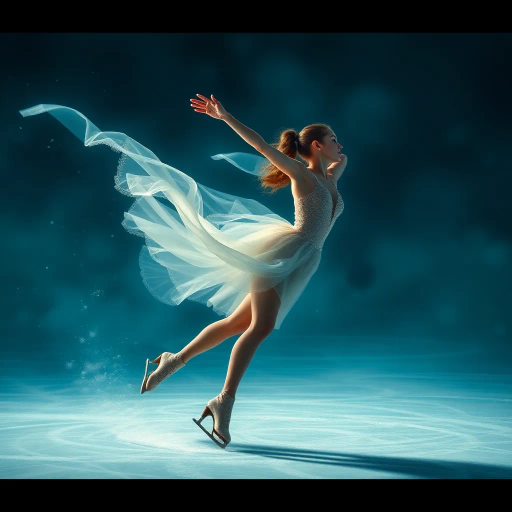 graceful figure skater, gliding across icy surface, winter chill, olympic spirit, dynamic movement, serene concentration, elegant pose, flowing ice, misty breath, ethereal lighting, dramatic shadows, crystalline textures, contemporary style, precision artistry, inspired by Degas and Mucha, soft blue and white palette, delicate balance, rhythmic motion, emotional resonance, global unity, panoramic perspective, intricately detailed, harmonious composition, captivating grace, spirit of competition