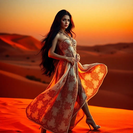alluring Arab beauty, elegant poise, high heels, Henri Matisse and Yves Saint Laurent inspirations, modern elegance, desert oasis and professional setting, golden hour and chiaroscuro lighting, vibrant warm tones, luxurious textures, intricate and traditional Middle Eastern patterns, exotic allure, cultural richness, flowing lines, sensual movement, feminine power, refined and timeless grace, harmonious romantic ambiance, visual poetry, captivating and seductive composition, ethereal mood, desert mirage, artistic flair, expressive body language, sophisticated minimalism, textural contrast, dynamic perspective, poised demeanor, artistic serenity, contemporary realism, nuanced textures, stylish composition