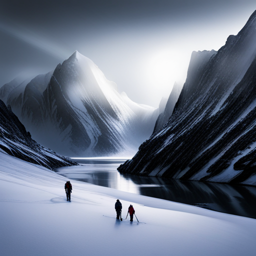 Arctic expeditionary teams, stark contrasts, muted palettes, dim sunlight, golden hour, snow-capped peaks, black and white, survival gear, ice formations