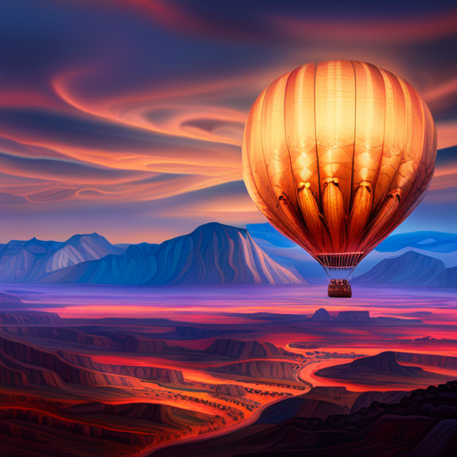 vibrant colors, large scale, dreamlike landscape, whimsical hot air balloon, surreal atmosphere, fantasy elements, imaginative composition, ethereal lighting, fantastical perspective, magical realism, floating sensation, colorful palette, otherworldly adventure