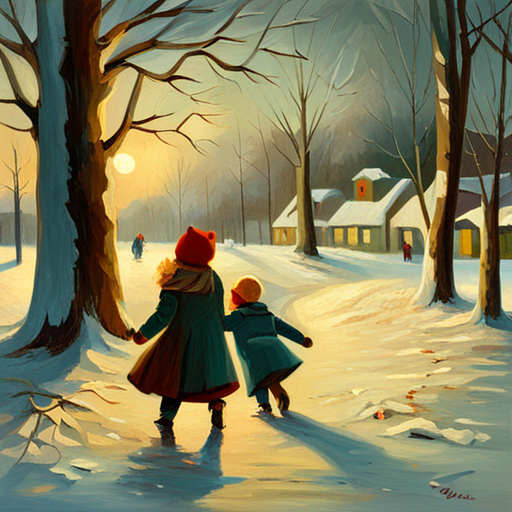 winter, children, Christmas, painting, oil, vintage