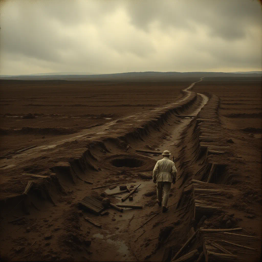World War I, no man's land, muddy terrain, shell holes, somber, atmospheric perspective, muted color palette, sepia tones, historical influence, war imagery, chaos, trench warfare, dramatic lighting, low angle perspective, Gertrude Käsebier influence, textural detail, desolation, barbed wire, muddy textures, emotional intensity, overcast skies, smoky air, sorrowful mood, historical realism, Claude Monet influence, dynamic composition, earth tones, vast expanse, endless horizon, visceral experience