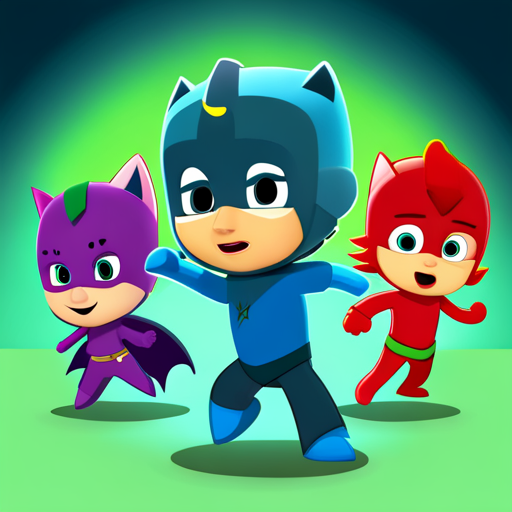 pjmask, cartoon characters, animated, vibrant colors, energetic, action-packed, superhero, children's show, animated series, 3D animation, adventure, teamwork, masks, mystery, young heroes, nighttime, dynamic poses, dynamic composition, anime, children's television show, PJ Masks, cartoons, comic book style, exaggerated expressions, adventurous, stylized animation