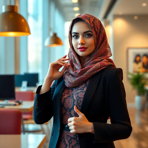 elegant Arab woman, professional attire, modern workplace, high heels, Middle Eastern influence, contemporary art style, intricate patterns, vibrant color palette, soft ambient lighting, cultural expression, dynamic posing, delicate textiles, confidence, empowerment, sophistication, grace, diverse cultural representation, cultural fusion, impressionism influences, human form depiction, balance and harmony, dynamic office environment, elegance, poise, detailed craftwork, modernism, cultural narrative, harmonious composition, vibrant textures