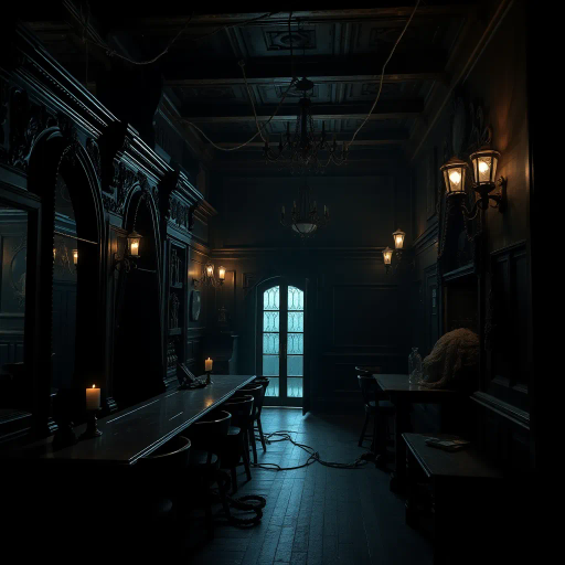 haunted tavern, eerie atmosphere, Gothic architecture, translucent specters, dim candlelight, John Atkinson Grimshaw influence, Victorian era, shadowy corners, spectral patrons, mystical glow, cobweb-laden rafters, misty ambiance, chiaroscuro contrasts, haunted past, ghostly whispers, weathered wood textures, melancholic mood, surreal distortions, evocative storytelling, vintage charm, chilling presence