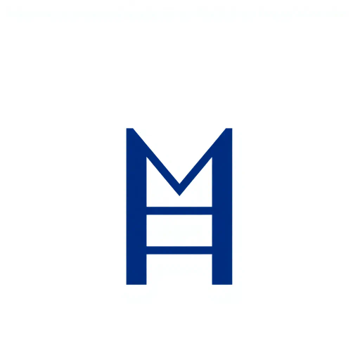 abstract, minimalist logo, geometric letter M, thin horizontal lines, hierarchy, ladder rungs, solid indigo blue, crisp vector design, white background, modern typography, Bauhaus influence, clean composition, precise geometry, vector graphics, contemporary aesthetic, graphic design, minimalism, line weight variation, symbolic representation, structured layout