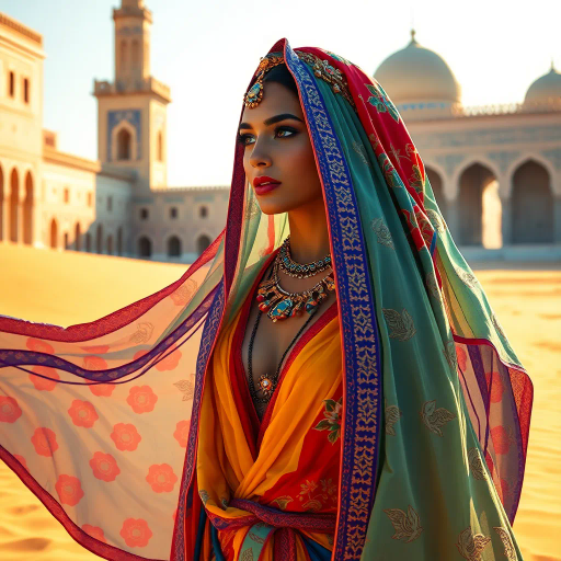 Arabian beauty, vibrant colors, flowing garments, intricate designs, warm lighting, exotic elegance, Henri Matisse influences, rich textures, cultural fusion, contemporary elements, radiant atmosphere, captivating gaze, dynamic movement, ornate patterns, harmonious balance, desert essence, vibrant allure, ethereal quality, sophisticated charm