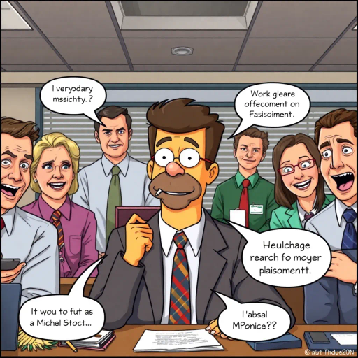 satirical humor, everyday life, workplace dynamics, vibrant colors, exaggerated expressions, quirky characters, Michael Scott, camera angles, documentary style, playful tone, American culture, ensemble cast, office environment, comedic timing, mockumentary feel, panel layout, speech bubbles, visual storytelling, relatable scenarios, improvisational flair, modern setting, emotional undertones, character development, symbolic objects