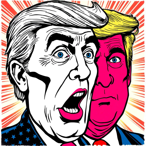 satirical caricature, exaggerated features, political symbolism, vibrant colors, pen-and-ink textures, Roy Lichtenstein influence, pop art era, humor-driven narrative, dynamic composition, bold outlines, American cultural elements, emotionally charged expressions, satirical tone, mid-20th century reference, iconic imagery, energetic line work, visual wit, comic strip aesthetics, subversive commentary, metaphorical elements, humorous distortion, graphic novel feel, societal critique, modern pop influence, bright contrasting hues, cultural satire, pulsating energy