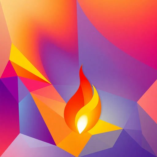 minimalistic, geometric shapes, vibrant colors, soft gradients, angular design, polygonal abstraction, abstract flame, warm palette, glowing effect, simplified forms, modern aesthetic, flat shading, contrasting hues, visual balance, dynamic composition, contemporary art, clean lines, symbolic warmth, ethereal glow, luminous intensity, stylized representation, Kandinsky influences, Bauhaus geometry, radiant ambiance, light interplay, serene energy, artistic refinement, crystalline textures, avant-garde fusion