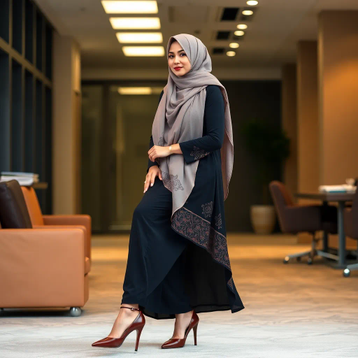 Arab woman, elegant hijab, professional setting, modern workplace, high heels, Middle Eastern culture, contemporary art, intricate patterns, vibrant colors, soft lighting, dynamic pose, cultural expression, delicate fabrics, office environment, confident demeanor, sophisticated fashion, grace and poise, diverse representation, cultural fusion, empowerment, modernism, Impressionism influences, human form, balance and harmony, Henri Matisse, modern elegance, intricate textile patterns, vibrant aesthetic, global influence, artistic expression, dignity and strength, atmospheric composition, elegant lines, harmonious palette, seamless integration, modern artistry