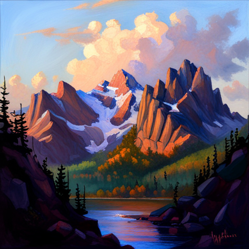 majestic peaks, rugged terrain, atmospheric perspective, muted colors, Impressionism, Hudson River School, light and shadow, texture, acrylic paint, naturalism, serenity, grandeur, scale, plein air, rocky outcroppings, dramatic sky, asymmetry, depth, soft brushstrokes, tranquility, landscape-painting