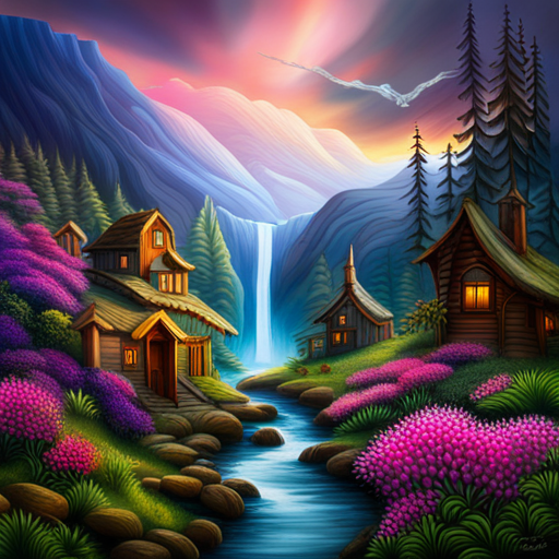 untamed wilderness, majestic mountains, vibrant flora and fauna, atmospheric perspective, dramatic lighting, surreal colors, mystical creatures, epic landscapes, ethereal beauty, hidden wonders, mythical realms, enchanted forests, ancient trees, mystical waterfalls