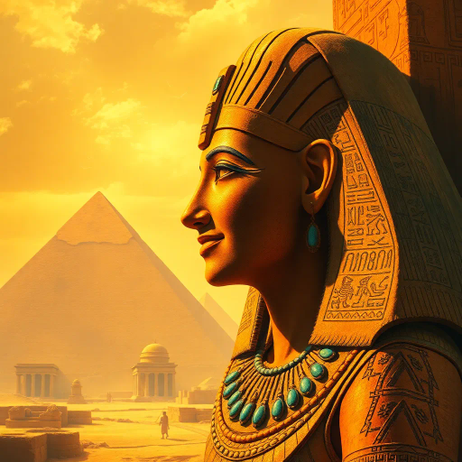 ancient Egypt, pharaoh, mystical, desert landscape, golden sands, pyramids in distance, hieroglyphics, intricate detail, vibrant hues, rich color palette, surreal lighting, magic, sphinx, sun-kissed stone, timeless, divine symbolism, echoes of history, mystical atmosphere, intricate patterns, divine geometry, cultural heritage, mythological essence, spiritual aura, timeless architecture, ancient civilization, ceremonial, ethereal glow, divine presence, artistic grandeur, desert mystique, historical reverence, legendary tales