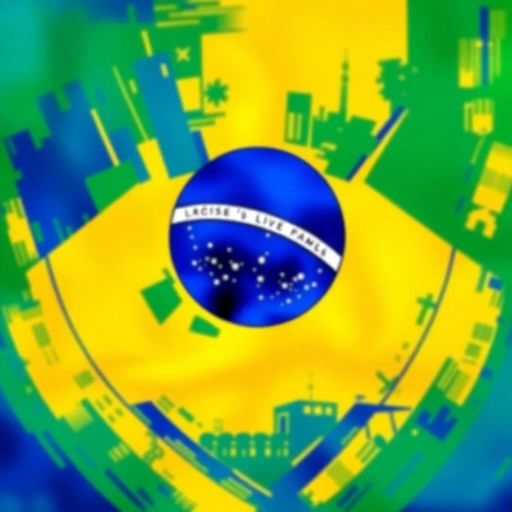 Brazilian flag, vibrant colors, modern digital interpretation, geometric shapes, vivid green, deep yellow, midnight blue, iconic symbolism, cultural pride, Henri Matisse influence, abstract representation, energy and movement, tropical essence, contemporary twist, luminosity, dynamic composition, national identity, artistic expression, unity and diversity, celebration of heritage, bold contrasts, visual impact, conceptual artistry, emotive design