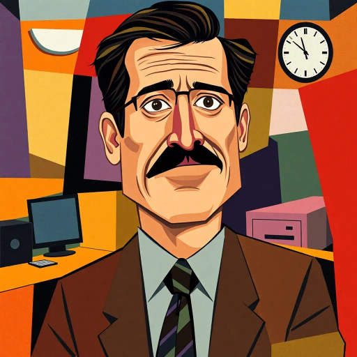 cubist representation, Michael Scott, The Office, office satire, abstract geometry, vibrant color palette, angular shapes, mid-20th century influences, humor in art, Picasso-inspired, fragmented forms, abstract expressionism, early modernism, visual comedy, bold lines, dynamic composition, workplace environment, surreal elements, postmodern satire, complex cubism