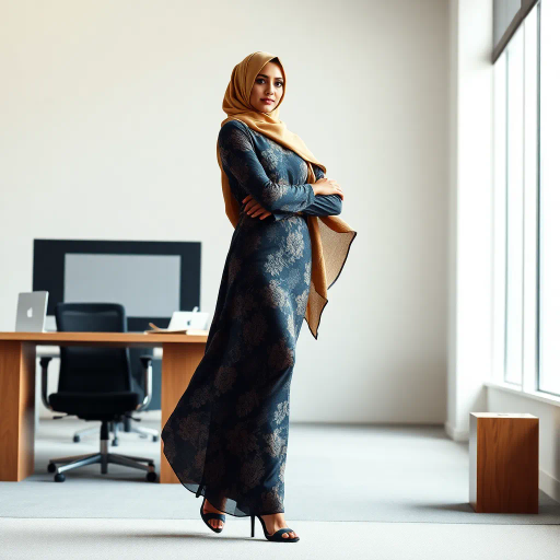 Arab woman, elegant hijab, professional setting, modern workplace, high heels, Middle Eastern culture, contemporary art, intricate patterns, vibrant colors, soft lighting, dynamic pose, cultural expression, delicate fabrics, office environment, confident demeanor, sophisticated fashion, grace and poise, diverse representation, cultural fusion, empowerment, modernism, Impressionism influences, human form, balance and harmony, Henri Matisse, modern elegance, intricate textile patterns, vibrant aesthetic, global influence, artistic expression, dignity and strength, atmospheric composition, elegant lines, harmonious palette, seamless integration, modern artistry
