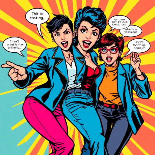 dynamic pose, vibrant colors, expressive gestures, pop art influences, Roy Lichtenstein, bold outlines, retro vibe, 1960s flair, playful banter, exaggerated expressions, contrasting tones, urban attitude, youthful energy, sassy dialogue, modern fashion, graphic novel feel, movement, eye-catching composition, humorous undertones, lively interaction, energetic lines