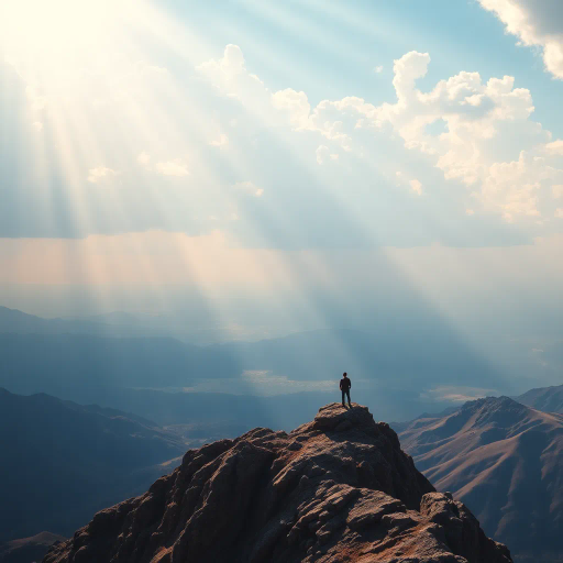 solitary figure, mountain peak, expansive vista, vast horizon, atmospheric perspective, dramatic lighting, ethereal mood, introspective journey, majestic landscape, vivid colors, intricate textures, Edward Hopper influence, surreal elements, sweeping panorama, serene solitude, dynamic clouds, sweeping narrative, emotional depth, timeless exploration, dreamlike quality, artistic symbolism, visual storytelling, scenic composition, high contrast, rich palettes, detailed rendering, heroic scale