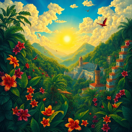 vibrant rainforest, carnival atmosphere, lush foliage, rich cultural heritage, magical realism, surreal clouds, tropical wildlife, rhythmic movement, radiant sunlight, festive mood, exotic birds, mythical elements, samba rhythm, enchanting scenery, Brazilian landscape, Rio Carnival celebration, modernist architecture, vibrant colors, intricate details, Tarsila do Amaral, tropical paradise, lush landscapes, cultural fusion, Henri Rousseau influence, warm sunlight, panoramic views, expressive brushstrokes, intricate textures, joyous atmosphere, Botero-inspired figures, Jorge Selarón, Carmen Miranda, Afro-Brazilian heritage, urban diversity, chromatic brilliance, atmospheric perspective, spirited festivities, whimsical elements, fantastical landscapes, bold palettes, intricate patterns