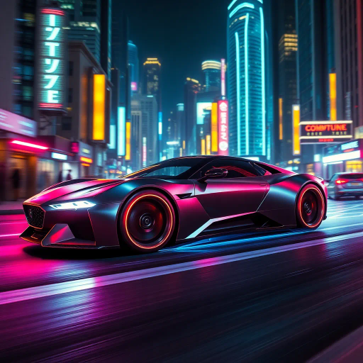 futuristic car design, sleek lines, chrome finish, vibrant neon highlights, dramatic lighting, dynamic movement, aerodynamic shape, retro-futurism, precision engineering, urban environment, concept art, high-tech materials, hyper-realistic detailing, modern aesthetics, speed and agility, metallic textures, ambient atmosphere, avant-garde composition, illuminated cityscape, art deco influences