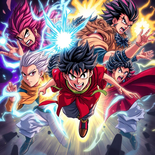 dynamic characters, intricate costumes, vibrant energy, vivid emotion, bold lines, expressive eyes, dramatic angles, energy bursts, vibrant colors, stylized action, cultural references, fantastical elements, modern storytelling, fluid motion, intense drama, character evolution, narrative depth, vibrant landscapes, animated world, stylistic exaggeration, Manga influences, deep shadows, contrasting tones, dynamic composition