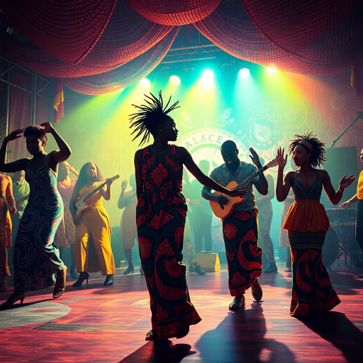 afro house, vibrant colors, rhythmic patterns, cultural tapestry, immersive, dynamic movement, African art, music influence, dance, celebration, rich textures, intricate details, modern fusion, lively atmosphere, energy, Afrobeat, contemporary, sunset lighting, community, warmth, traditional meets modern, abstract forms, lively expression, joyous, vibrant hues, storytelling through dance