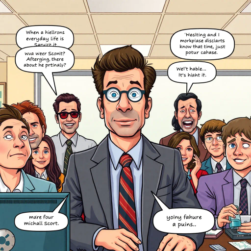 satirical humor, everyday life, workplace dynamics, vibrant colors, exaggerated expressions, quirky characters, Michael Scott, camera angles, documentary style, playful tone, American culture, ensemble cast, office environment, comedic timing, mockumentary feel, panel layout, speech bubbles, visual storytelling, relatable scenarios, improvisational flair, modern setting, emotional undertones, character development, symbolic objects