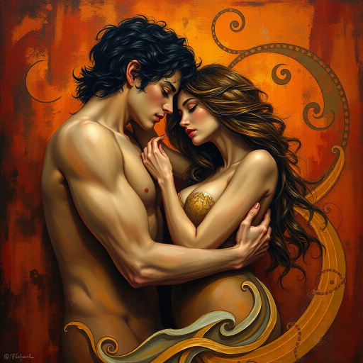 romantic sensuality, chiaroscuro lighting, vivid hues, flowing lines, emotional depth, intimate setting, Gustav Klimt influences, rich textures, human form, warm ambiance, baroque compositions, provocative aesthetic, seductive elegance, delicate forms, renaissance echoes, passionate expression, lush brushstrokes, dynamic movement, dreamlike atmosphere, contemporary flair, evocative symbolism, narrative quality, intimate portraiture, sensuous allure, timeless romance, intricate ornamentation, visual poetry, dramatic shadows