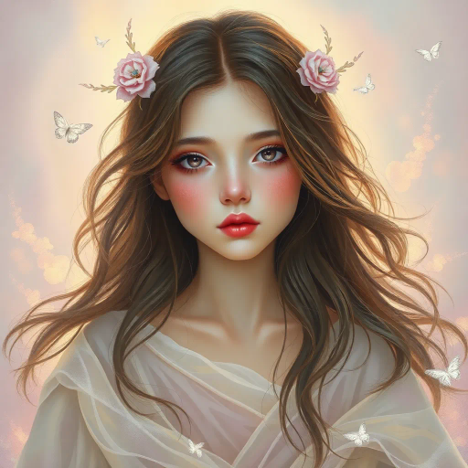 innocent young maiden, charming elegance, ethereal glow, inspired by Yoshitaka Amano, whimsical fantasy, serene ambiance, soft pastel hues, delicate brushwork, intricate lace textures, dreamlike scene, luminous lighting, gentle perspective, emotional warmth, magical atmosphere, fairy tale influences, graceful pose, art nouveau curves, enchanting forest backdrop, mythical creatures, serene expression