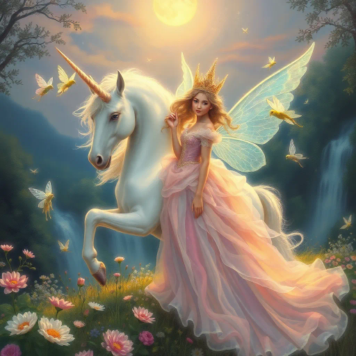 mythical unicorn, enchanting fairies, regal princess, ethereal glow, soft pastels, dreamlike landscape, intricate detail, romanticism, whimsical essence, magical realism, baroque influences, delicate brushstrokes, shimmering textures, enchanted forest, twilight ambiance, ethereal beauty, imaginative composition, vibrant flora, surreal atmosphere, celestial light, fairytale dimension, gentle aura, serene emotion, opulent attire, mystical symbolism, vibrant pastel colors, luminescent wings, flowing gowns, stardust, Arthur Rackham, Johan Christian Dahl, moonlit scenery, shimmering waterfalls, storybook charm, celestial aura, timeless fantasy, iridescent tones, mystical ambiance