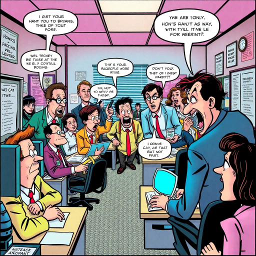 satirical workplace comedy, surreal humor, ensemble cast, bureaucratic chaos, 21st century pop culture, vibrant color palette, exaggerated expressions, dynamic panels, Roy Lichtenstein influences, witty dialogue, mundane office setting, everyday absurdities, overlapping story arcs, exaggerated caricatures, visual puns, contemporary Americana, awkward social interactions, humorous banter, slapstick elements, narrative vignettes, satirical undertones