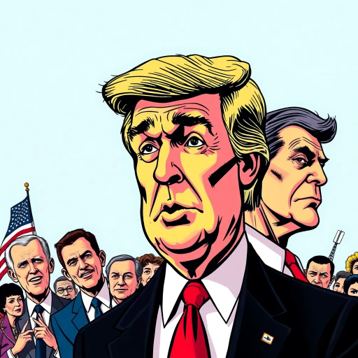 satirical caricature, exaggerated features, political symbolism, vibrant colors, pen-and-ink textures, Roy Lichtenstein influence, pop art era, humor-driven narrative, dynamic composition, bold outlines, American cultural elements, emotionally charged expressions, satirical tone, mid-20th century reference, iconic imagery, energetic line work, visual wit, comic strip aesthetics, subversive commentary, metaphorical elements, humorous distortion, graphic novel feel, societal critique, modern pop influence, bright contrasting hues, cultural satire, pulsating energy