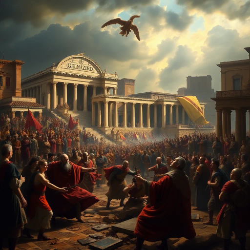 historical devastation, Alaric the Visigoth, ancient ruins, classical architecture, fiery inferno, chaos and turmoil, gothic shadows, sacking and looting, eternal city, Roman Empire, invasion, dramatic conflict, tumultuous skies, Rembrandt lighting, powerful emotions, ancient warfare, Caravaggio-inspired, chiaroscuro, symbolic destruction, fallen civilization, rich textures, monochromatic palette, intense drama, baroque influences, historical narrative, perspective of awe, melancholic atmosphere