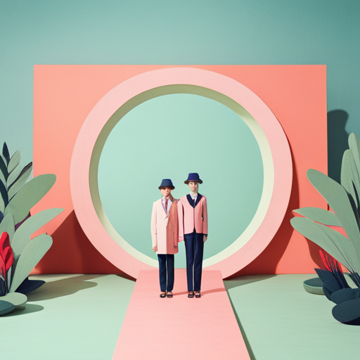 Symmetrical framing, bright colors, whimsical architecture, quirky characters, detailed props, slow motion, vintage vibes, organic textures, yellow tint, whimsical landscape, playful compositions, geometric shapes, pastel tones, surrealism, nostalgia, mid-century modern design