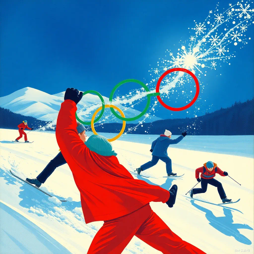 winter olympics, Adolphe Mouron Cassandre, dynamic composition, vibrant movements, cold hues, frosty blues, sparkling whites, contrasting shadows, atmospheric depth, panoramic vistas, kinetic energy, athletic prowess, cultural celebration, Olympic spirit, Art Deco influences, geometric patterns, sweeping curves, expressive lines, emotional intensity, grand scale, global unity, dramatic lighting, icy textures, timeless grandeur, elegant symmetry, inspiring competition, frozen terrains, monumental arenas, inspired by tradition, contemporary innovation, international camaraderie