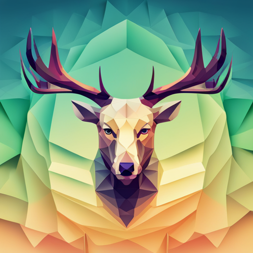 A dynamic composition of a small, abstract robot with goat-like antlers, rendered with sharp, faceted polygons in a limited color palette and vector graphics. Inspired by the geometric shapes of cubism and the low-poly art style of the 90s, with a nod to surrealist art and mythological symbolism.