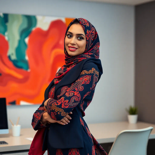 elegant arab woman, empowered, modern workspace, vivid colors, intricate geometric patterns, middle-eastern influences, soft ambient lighting, professional attire, abstract background, cultural richness, Henri Matisse inspiration, dynamic composition, confident posture, smooth textures, harmonious balance, contemporary aesthetics, vibrant energy, artistic embellishments, subtle symbolism, aesthetic elegance, fluid motion, commanding presence