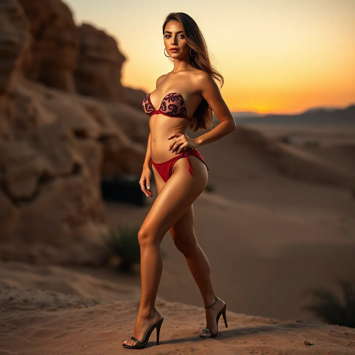 alluring Arab beauty, modern elegance, bikini attire, professional setting, high heels, Henri Matisse inspiration, Yves Saint Laurent influence, desert oasis backdrop, golden hour and chiaroscuro lighting, vibrant and warm earth tones, luxurious textures, intricate patterns, delicate sun-kissed skin, exotic allure, cultural richness, flowing lines, sensual movement, feminine power, refined grace, harmonious composition, romantic ambiance, visual poetry, timeless grace, captivating portraits, seductive and ethereal mood, desert mirage, artistic flair, Arabic cultural motifs, expressive body language, sophisticated minimalism, textured contrast, contemporary realism, poised demeanor, artistic serenity, Vermeer-inspired composition, dynamic perspective, stylish composition, nuanced and polished surfaces, intricate design, poised posture, refined elegance, cultural identity, Hans Zatzka, Art Nouveau influences, ambient lighting, soft curves, dynamic composition, refined sophistication, captivating charm, luxurious setting