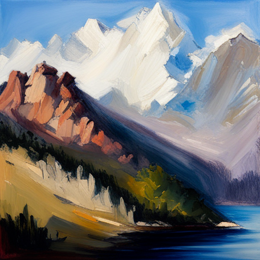 majestic peaks, rugged terrain, atmospheric perspective, muted colors, Impressionism, Hudson River School, light and shadow, texture, acrylic paint, naturalism, serenity, grandeur, scale, plein air, rocky outcroppings, dramatic sky, asymmetry, depth, soft brushstrokes, tranquility, pixel art, atmospheric lighting