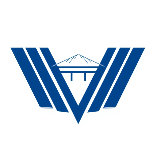 geometric design, lettermark logo, abstract composition, bold parallel strokes, V-shaped bridges, hierarchy levels, indigo blue, minimalistic vector art, flat design, clean lines, stark contrast, modern typography, precise angles, architectural influence, symmetry, spatial arrangement, contemporary aesthetics, visual hierarchy, white negative space, simplicity, structural balance