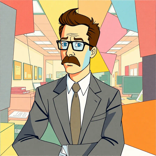 Michael Scott, geometric, cubist influence, abstract expressionism, vibrant color palette, office space, surreal composition, modern corporate satire, intricate line patterns, fragmented forms, Dunder Mifflin, pop art, humor, whimsical tone, mixed media, overlapping shapes, exaggerated proportions, dynamic angles, bold contours, cultural commentary, contemporary setting, pastel highlights, texture variation, visual rhythm, abstract storytelling, conceptual depth, dimensional interplay