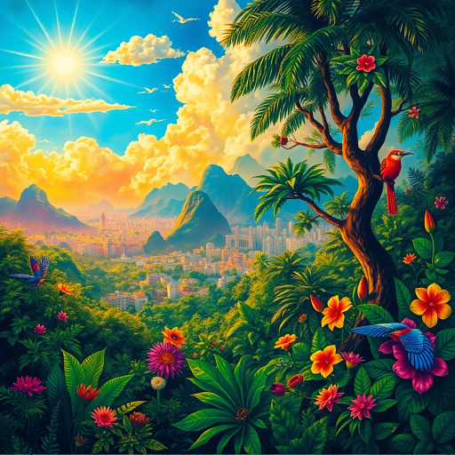 vivid rainforests, carnival atmosphere, vibrant colors, intricate details, lush foliage, rich cultural heritage, magical realism, Brazilian landscape, surreal clouds, tropical wildlife, Henri Rousseau, rhythmic movement, radiant sunlight, festive mood, intricate patterns, exotic birds, mythical elements, celebratory spirit, tropical flora, samba rhythm, enchanting scenery, sprawling cityscapes, Rio Carnival, modernist architecture, Tarsila do Amaral, cultural fusion, vibrant street art, Copacabana beach, panoramic views, rich biodiversity, Botero-inspired figures, expressive brushstrokes, Amazon River, intricate textures, Jorge Selarón, Carmen Miranda, exuberant colors, dynamic samba dancers, vivid patterns, modern architecture, indigenous art, Afro-Brazilian heritage, vibrant street scenes, bold compositions, fluid movement, warmth and energy, sunlit landscapes, urban diversity, festive atmosphere, chromatic brilliance
